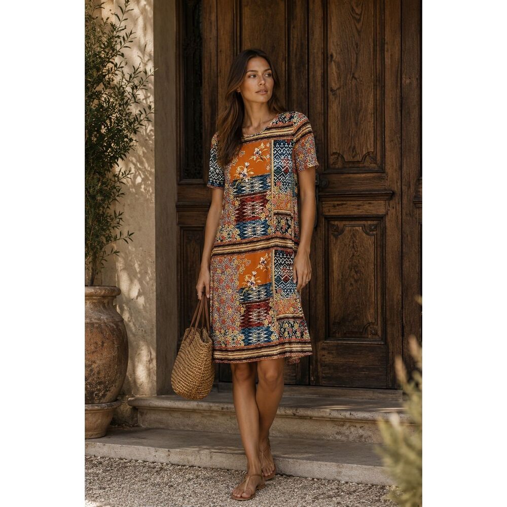 Johnny Was Mixed Print Boho Dress | Artisan Patchwork Allie Flower Swing  Med $2